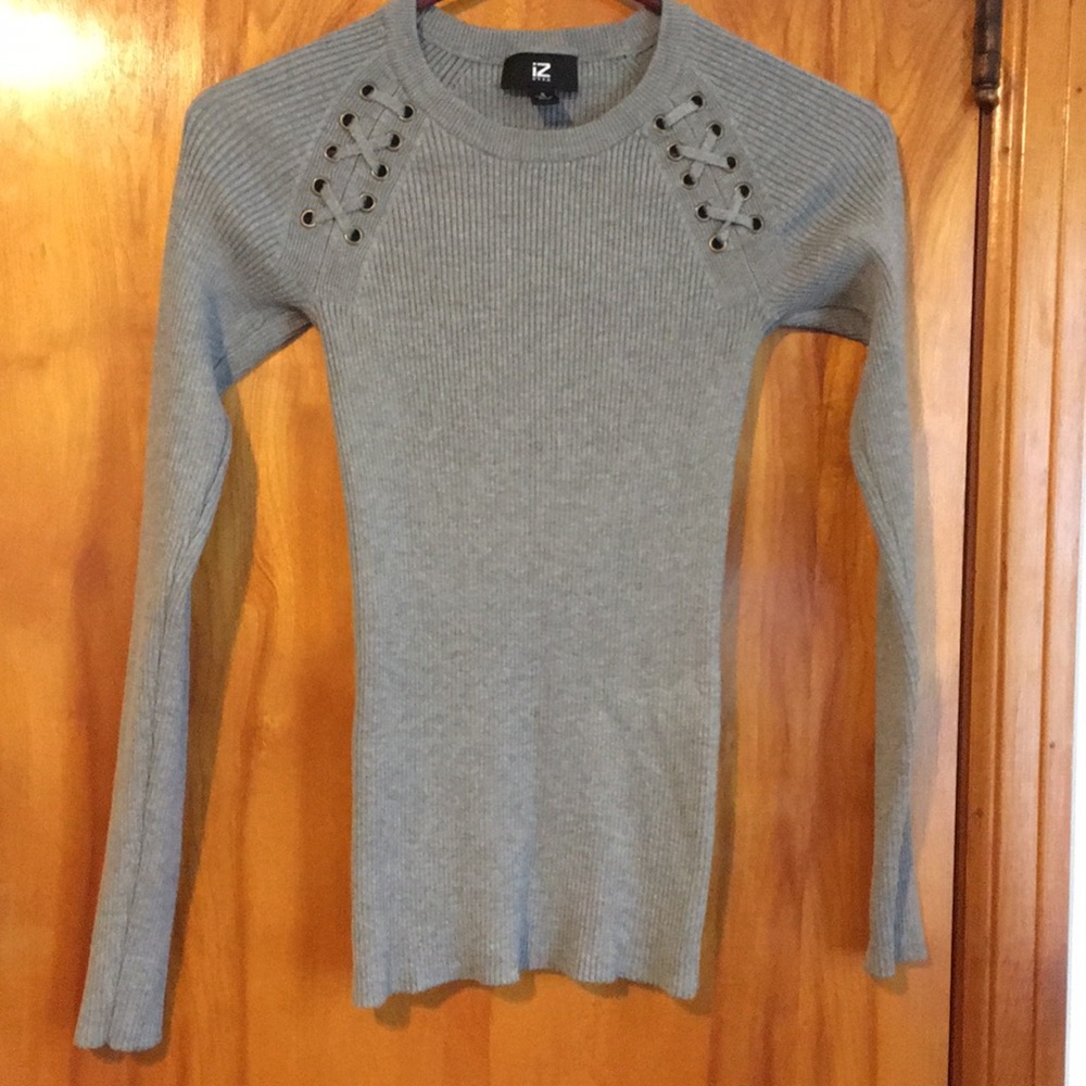 IZ Byer Ribbed Lace-Up Sweater (Light Grey)
